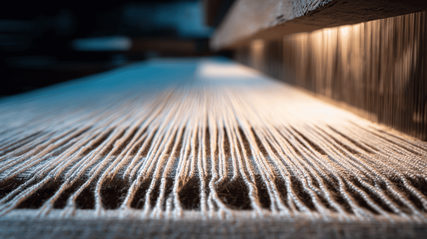 A vibrant display of various fabric swatches and weaving tools